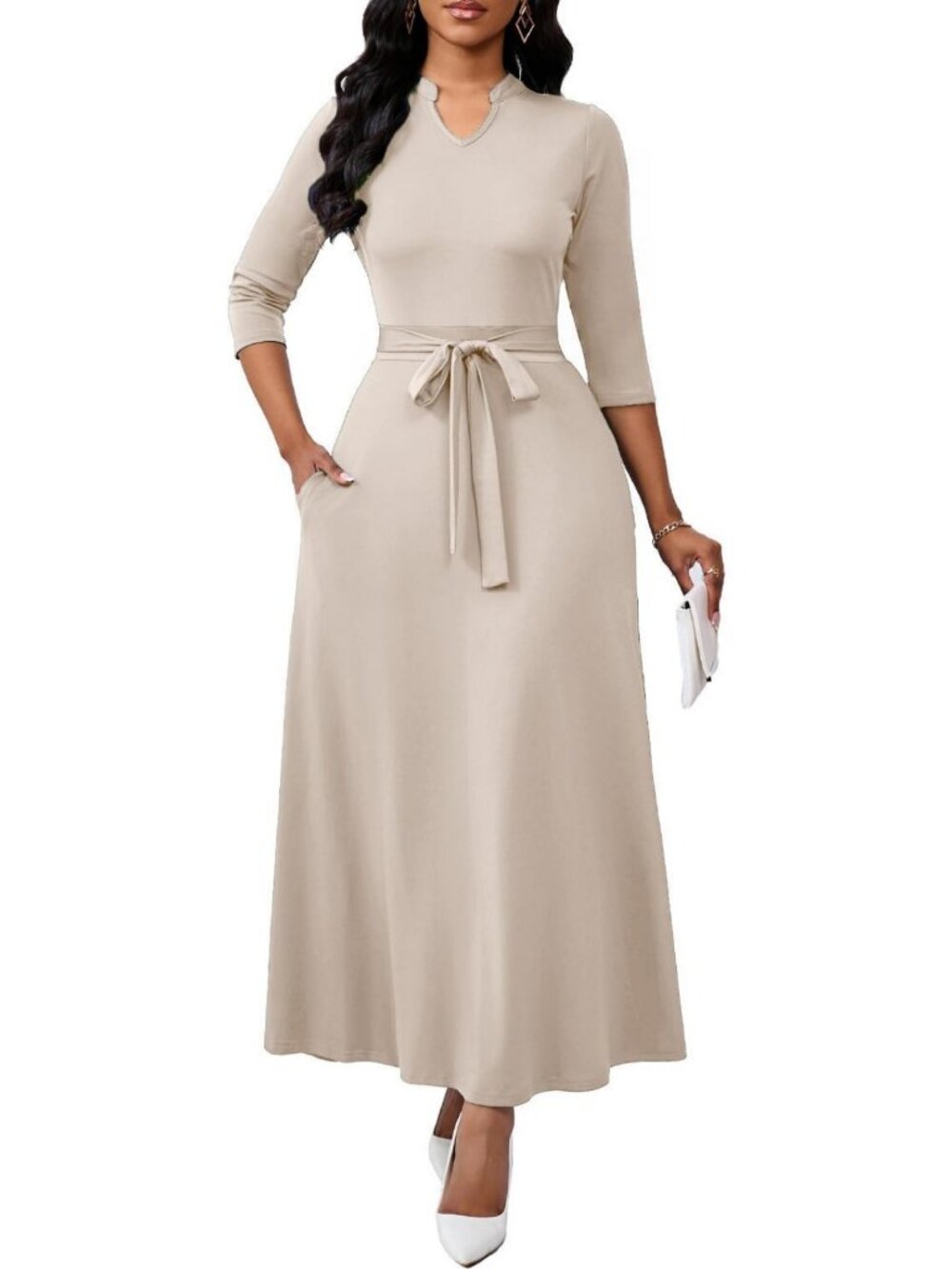 Chic A-Line Maxi Dress for Women | 3/4 Sleeve Semi-Formal Long Dress with